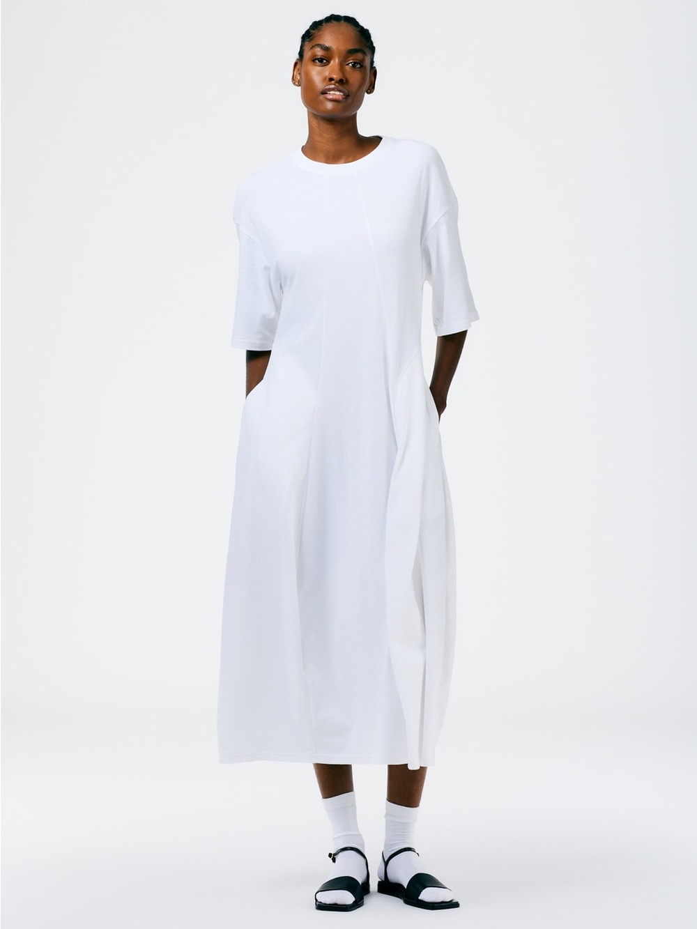 Tibi NWT T-Shirt Dress White Midi Short Sleeve Side Pockets Casual Long